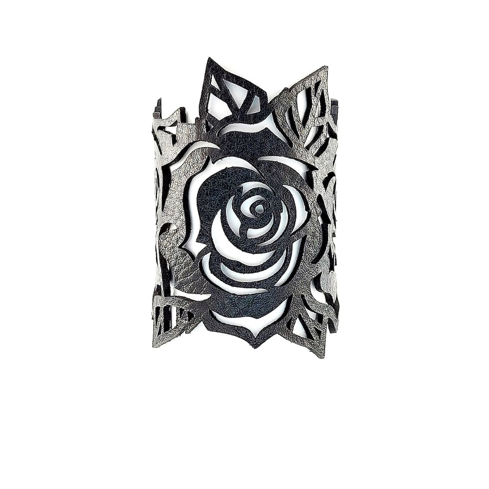 Adjustable rose leather cuff bracelet black 7